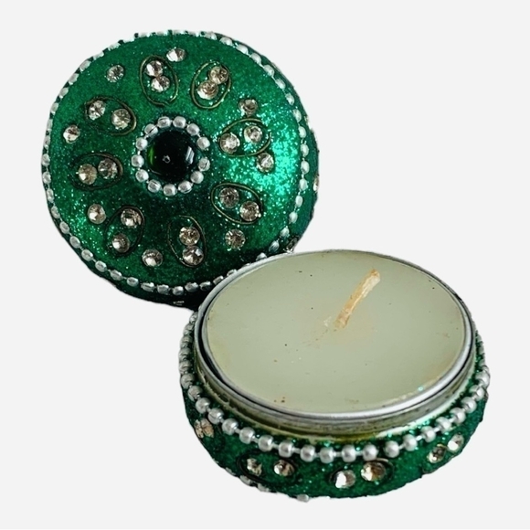 New Handmade Rhinestone Beads Embellished Travel Tea Light Candle Holder Tin Box - Picture 5 of 12